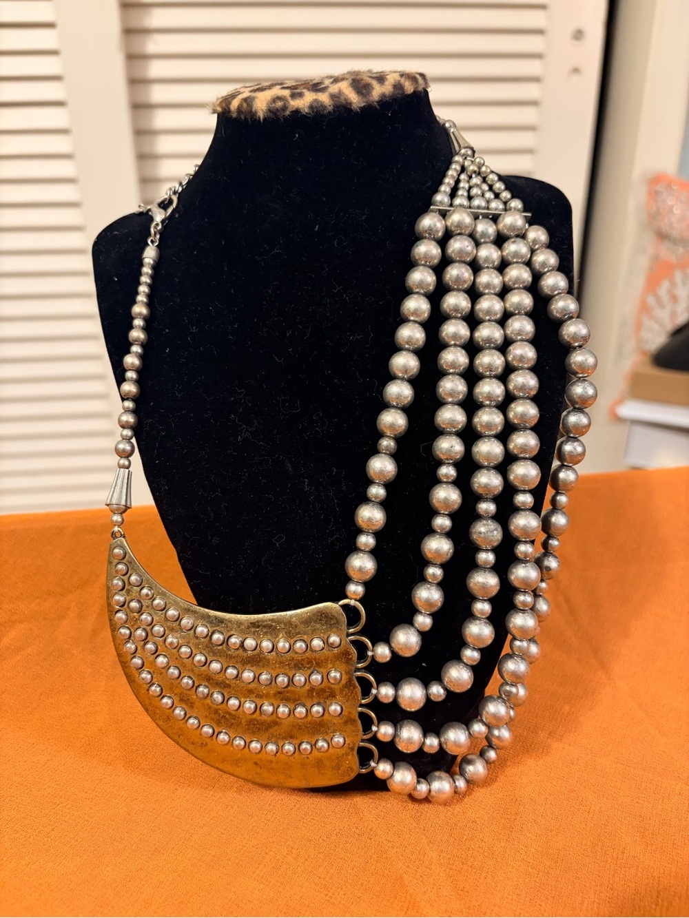 Statement Multi-Strand Silver Bead and Antiqued Gold Crescent Necklace